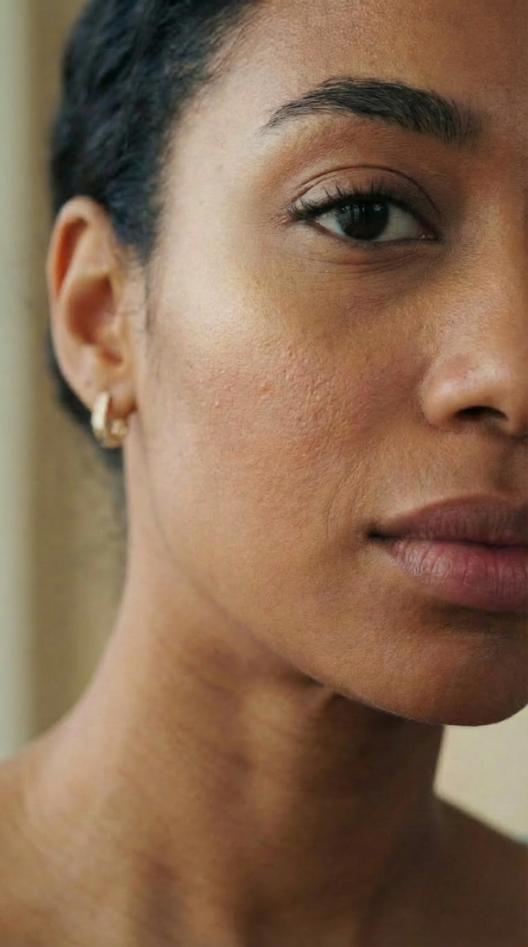 Close-up of a woman's face with a neutral expression